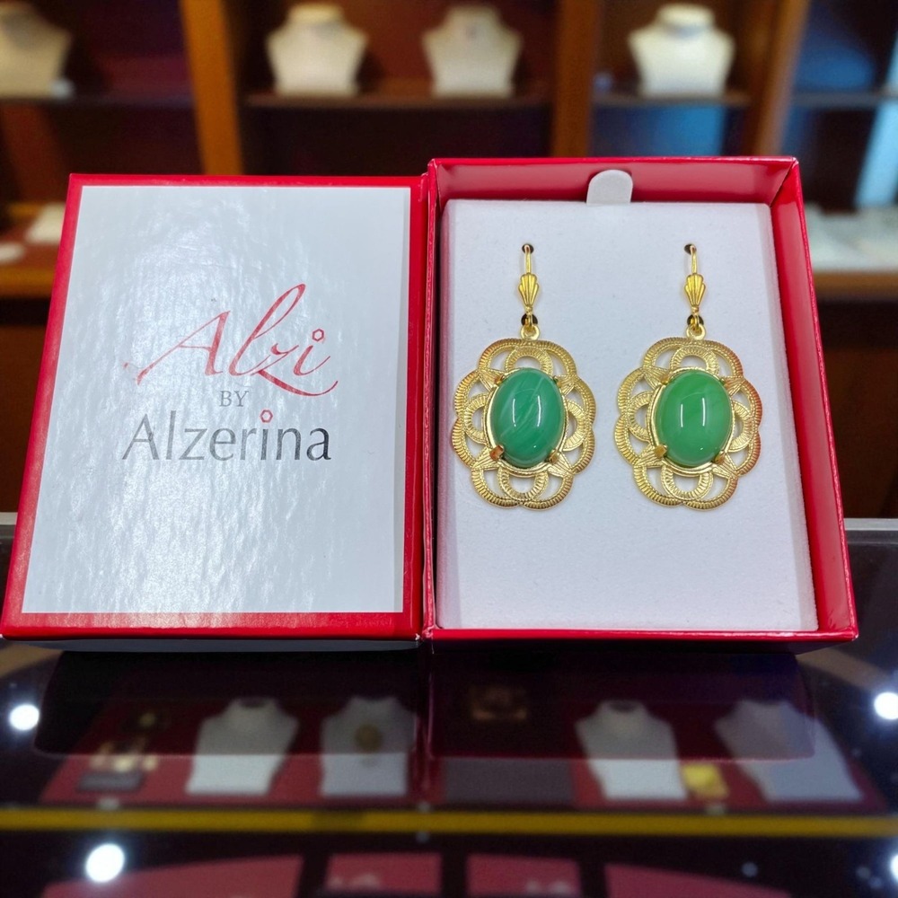 Alzi By Alzerina Green Earrings Gold Dangle Coquette Resort New In Box Gift